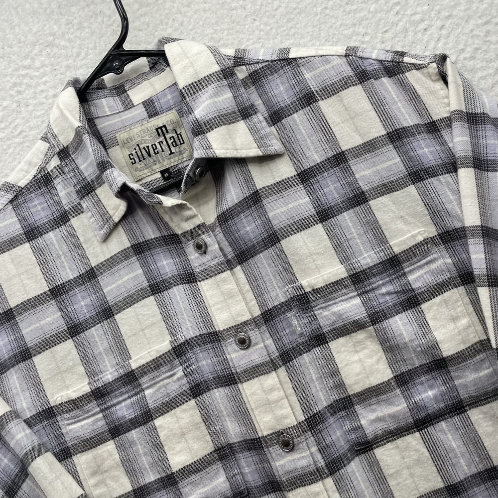 Levis Flannel Shirt Mens XS Silver Tab Purple White Plaid Metal Button Up Soft